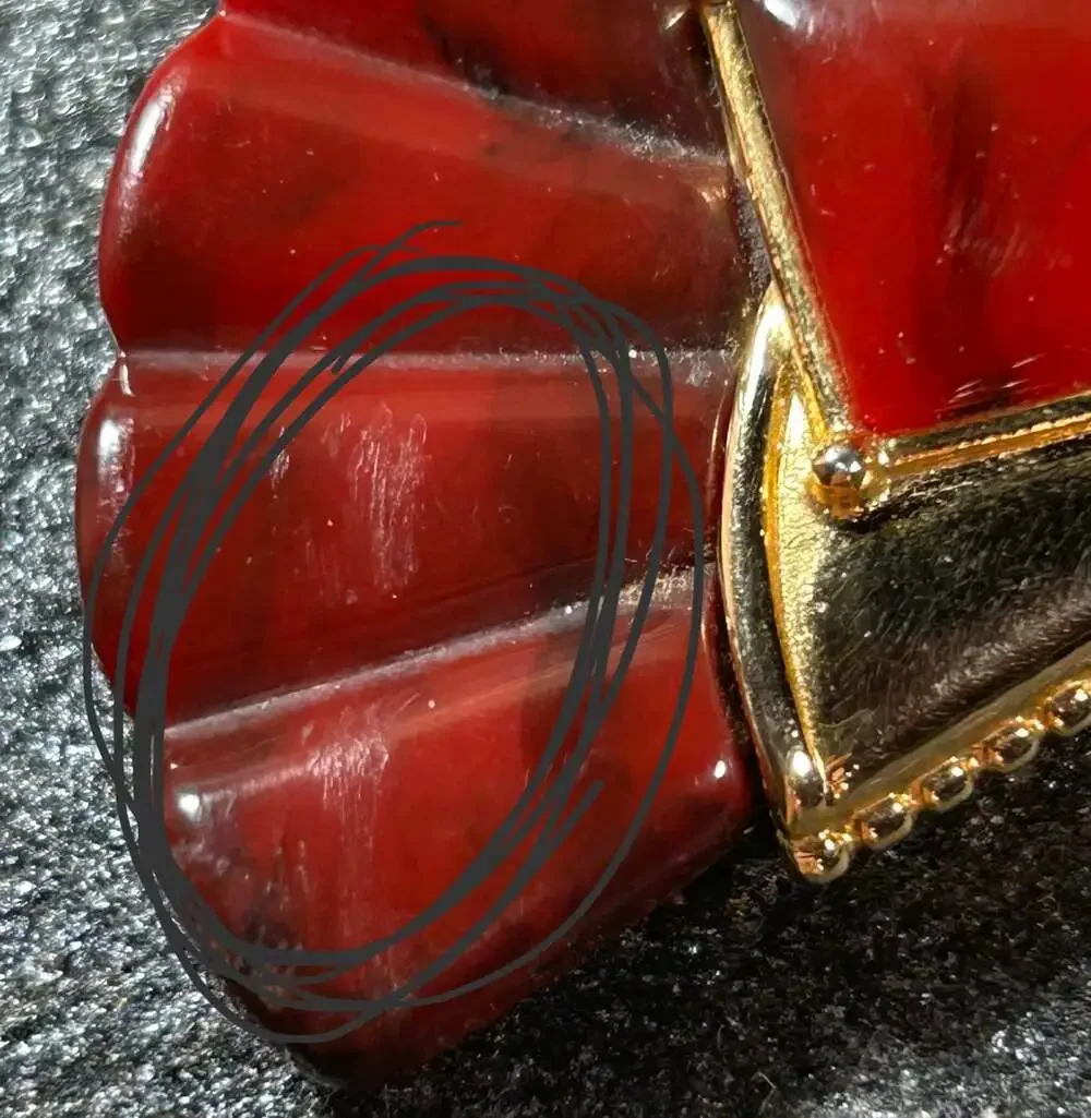 Vintage Art Deco Ginnie Johansen Lucite Fan Rare HTF brooch red marbled READ